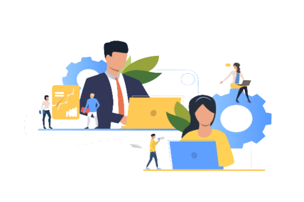 Aman and woman showing principles abiding by the principles and minimal details. Woking on laptops in professional attire.