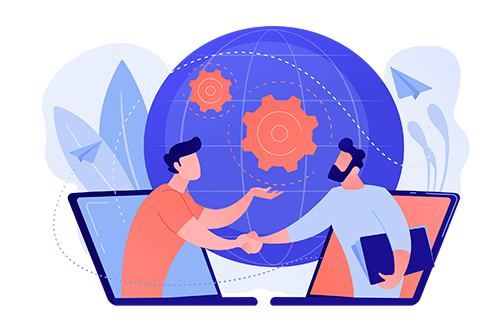 A flowchart process and a man and woman working through it showing the sense of principle oriented work and clients' importance while working as a chat support agent.